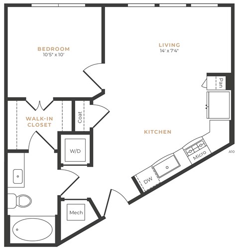 A black and white image of a floor plan for a small apartment.